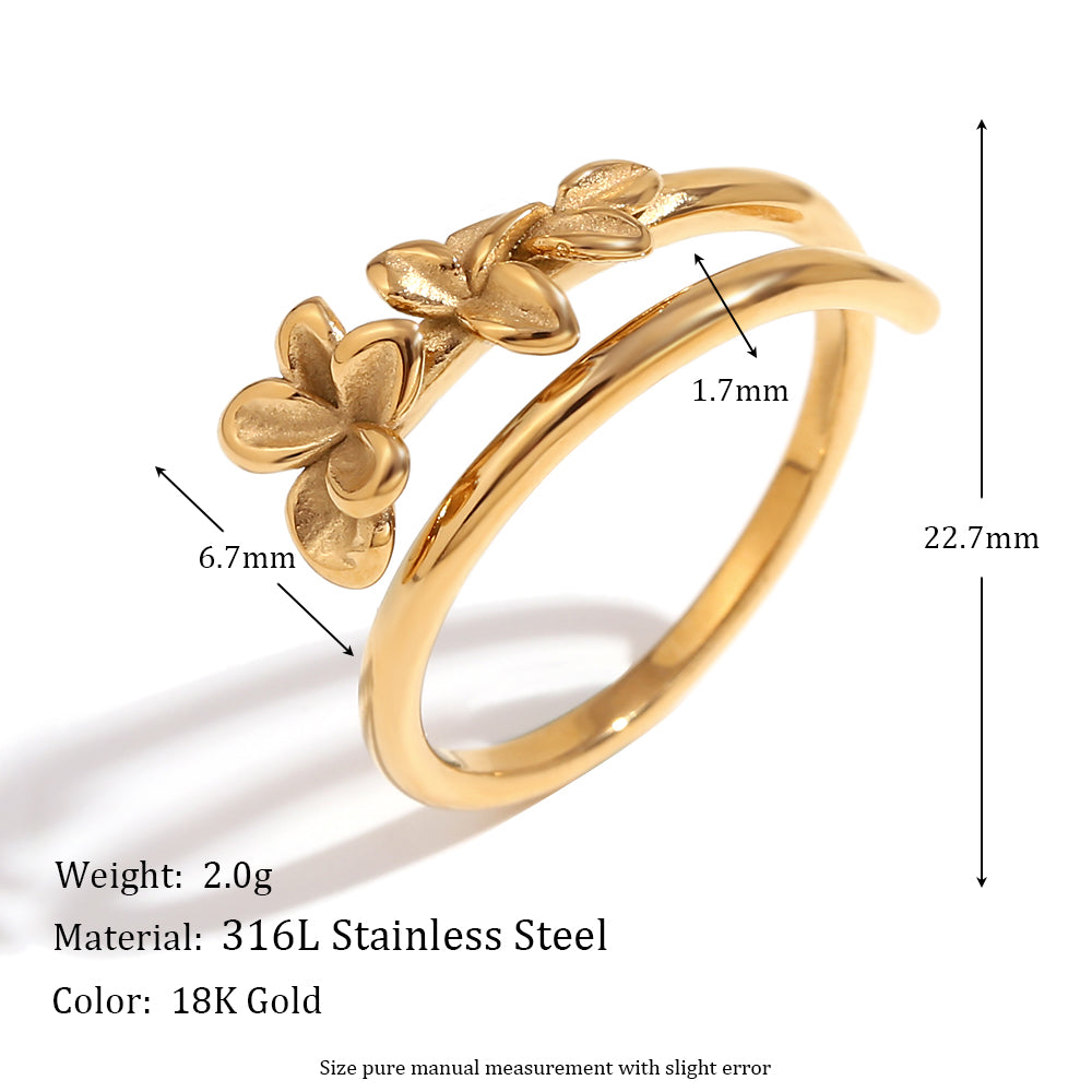 18k Gold Solid Stainless Steel Double Layered Three Flower Opening Adjustable Ring