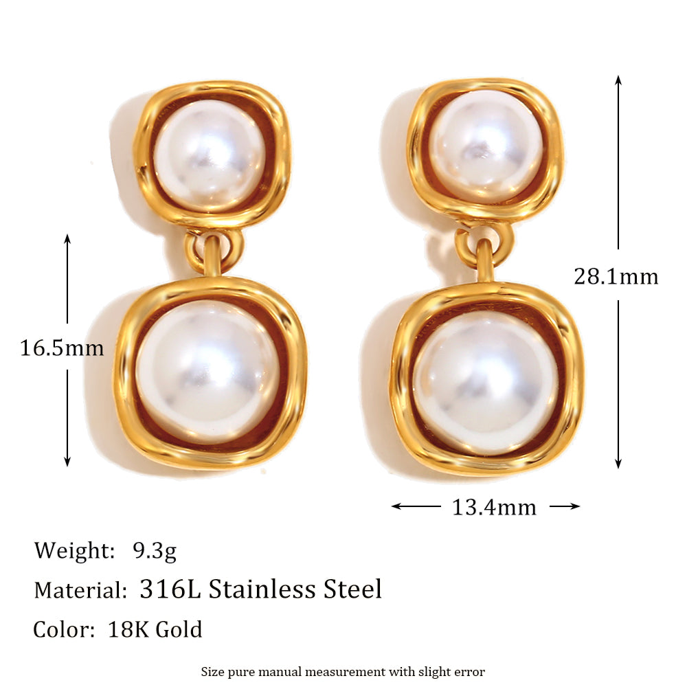 Ladies 18k Gold Round Pearl Stud Stainless Steel Waterproof Earrings