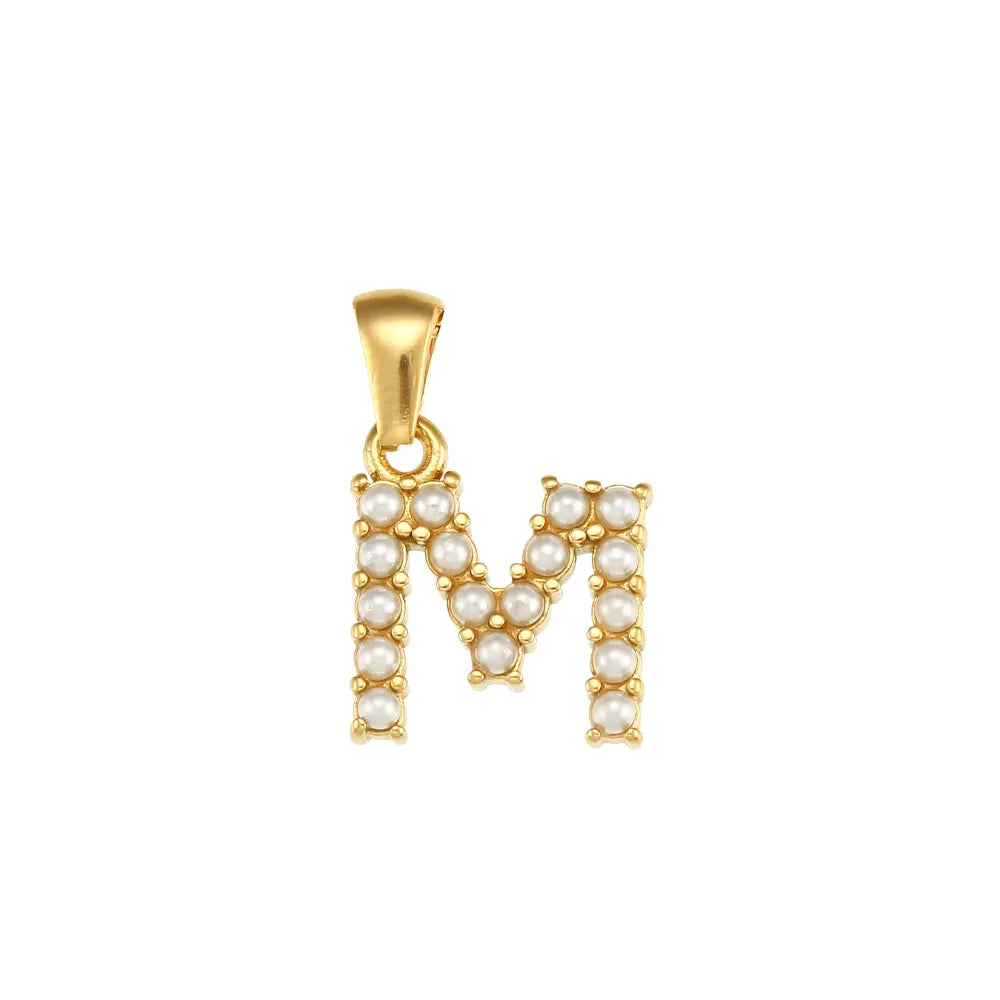 Ladies 18k Gold Stainless Steel Waterproof 26 Pearl Letter Initial Charm Necklace
