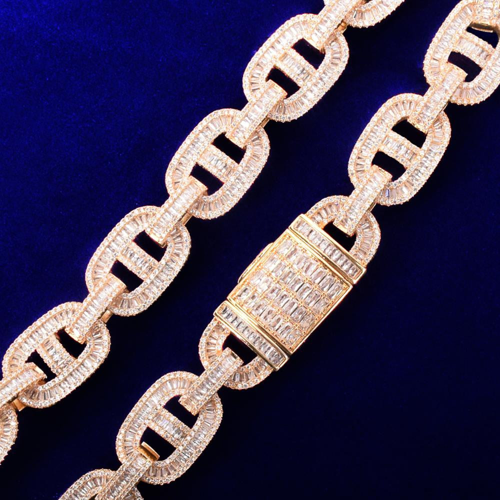 24k Gold 925 Silver 18mm Flooded Ice True Baguette Stone Big Boy Baller Cuban Link Chain