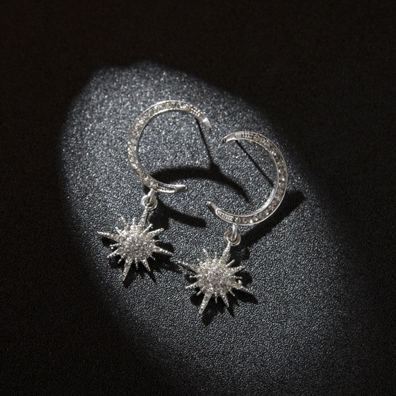 Ladies Fashion Earrings Exquisite Gold Silver Crystal Moon Stars Personality Girl Earring Set