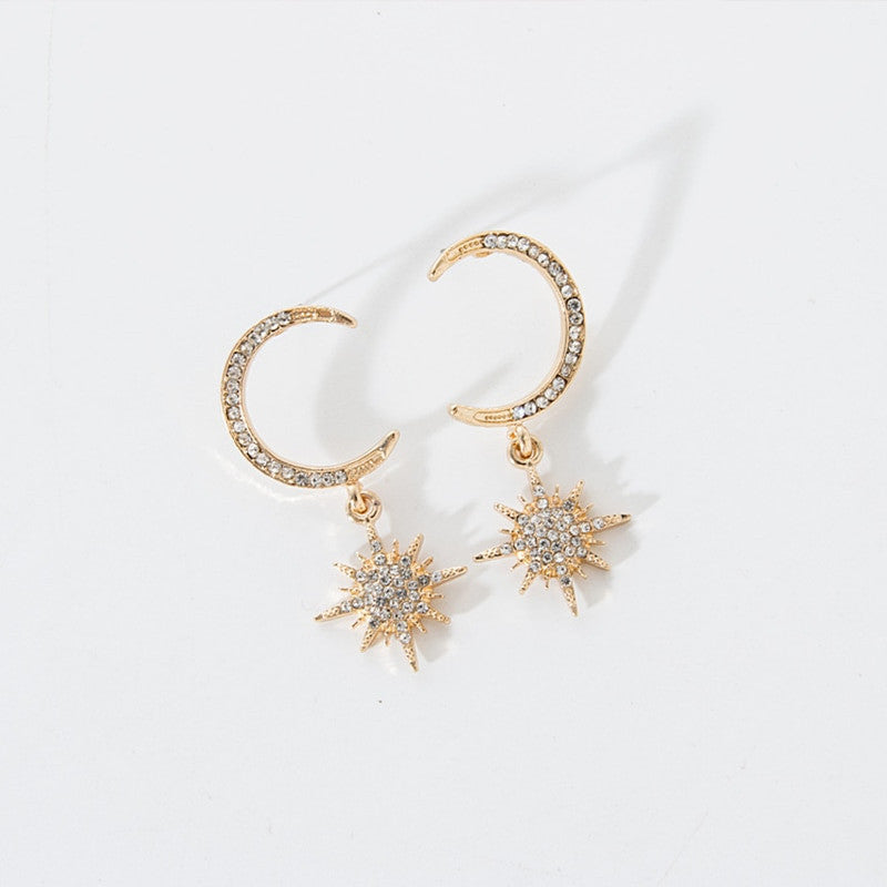 Ladies Fashion Earrings Exquisite Gold Silver Crystal Moon Stars Personality Girl Earring Set