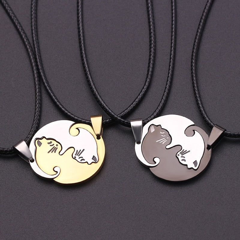 2 Piece Ladies Fashion Sweet Kitten Kitty Pussy Cat Leather Weave Pendant Necklace