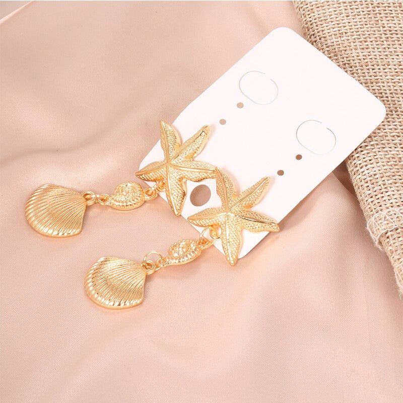 Ladies Sea Shell Starfish Conch Gold Boho Stud Earrings
