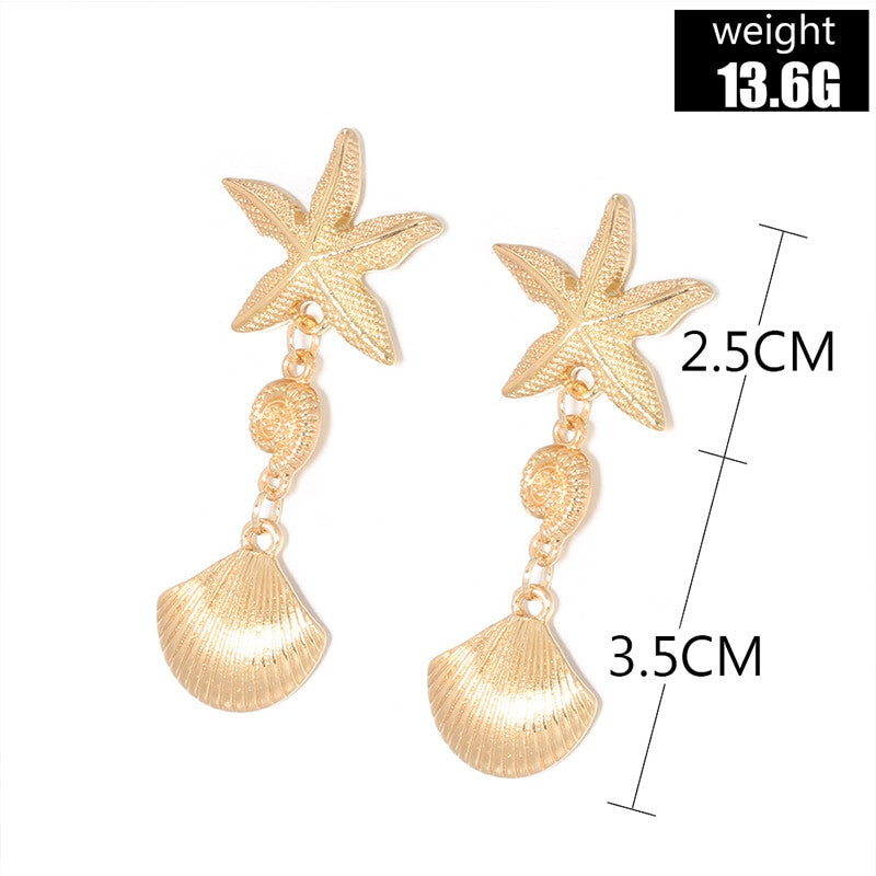 Ladies Sea Shell Starfish Conch Gold Boho Stud Earrings