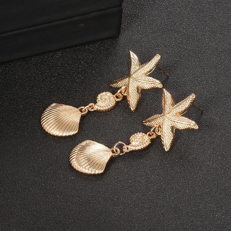 Ladies Sea Shell Starfish Conch Gold Boho Stud Earrings