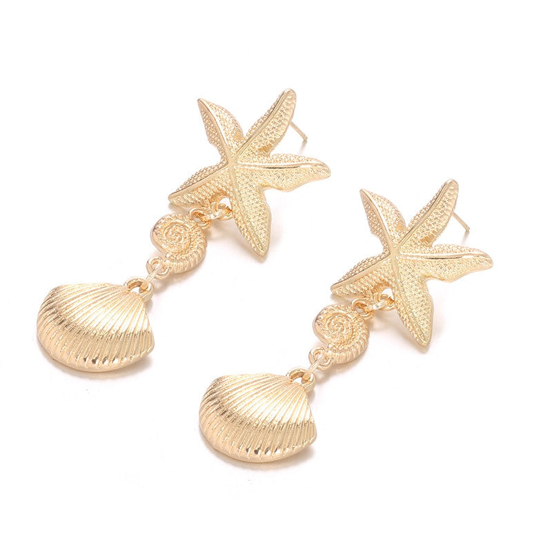 Ladies Sea Shell Starfish Conch Gold Boho Stud Earrings