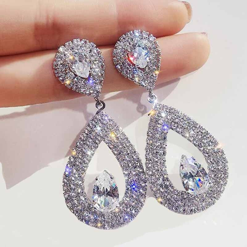 Ladies Shiny Silver Gold Crystal Tear Drop Fashion Earrings
