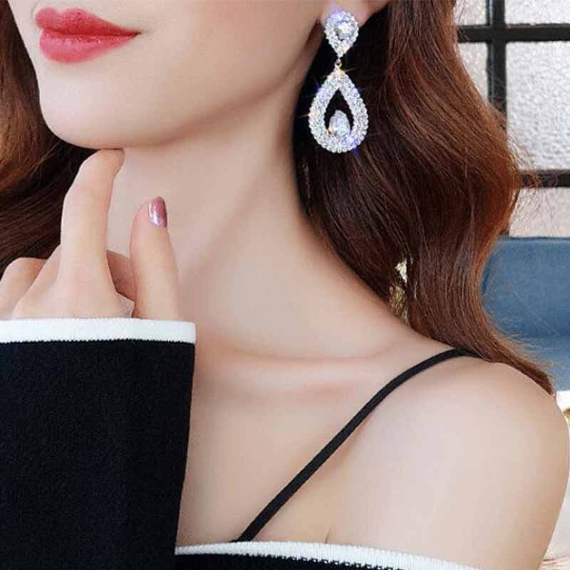 Ladies Shiny Silver Gold Crystal Tear Drop Fashion Earrings
