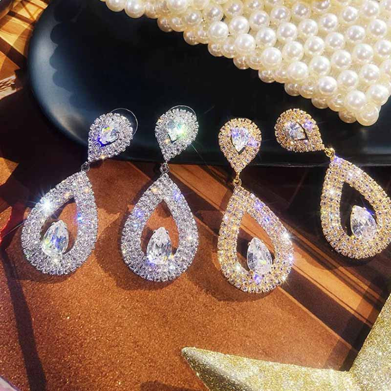 Ladies Shiny Silver Gold Crystal Tear Drop Fashion Earrings