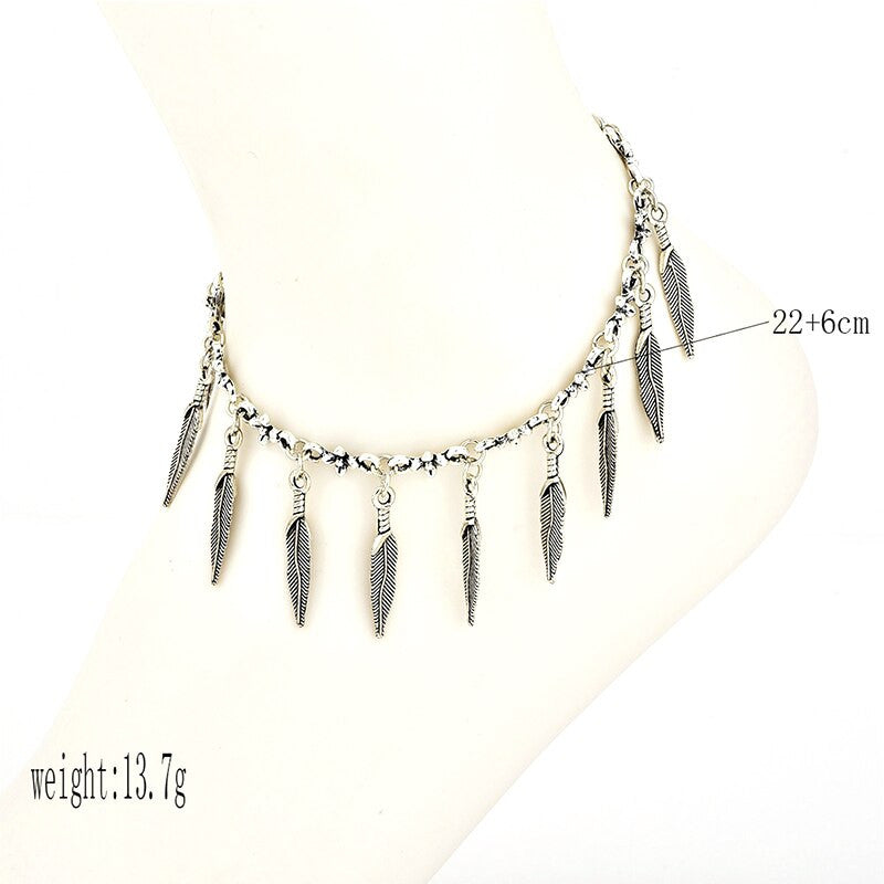 Classic Leaf Sea Shell Om Leather Chain Tassel Silver Multi Layer Anklet Ankle Bracelet