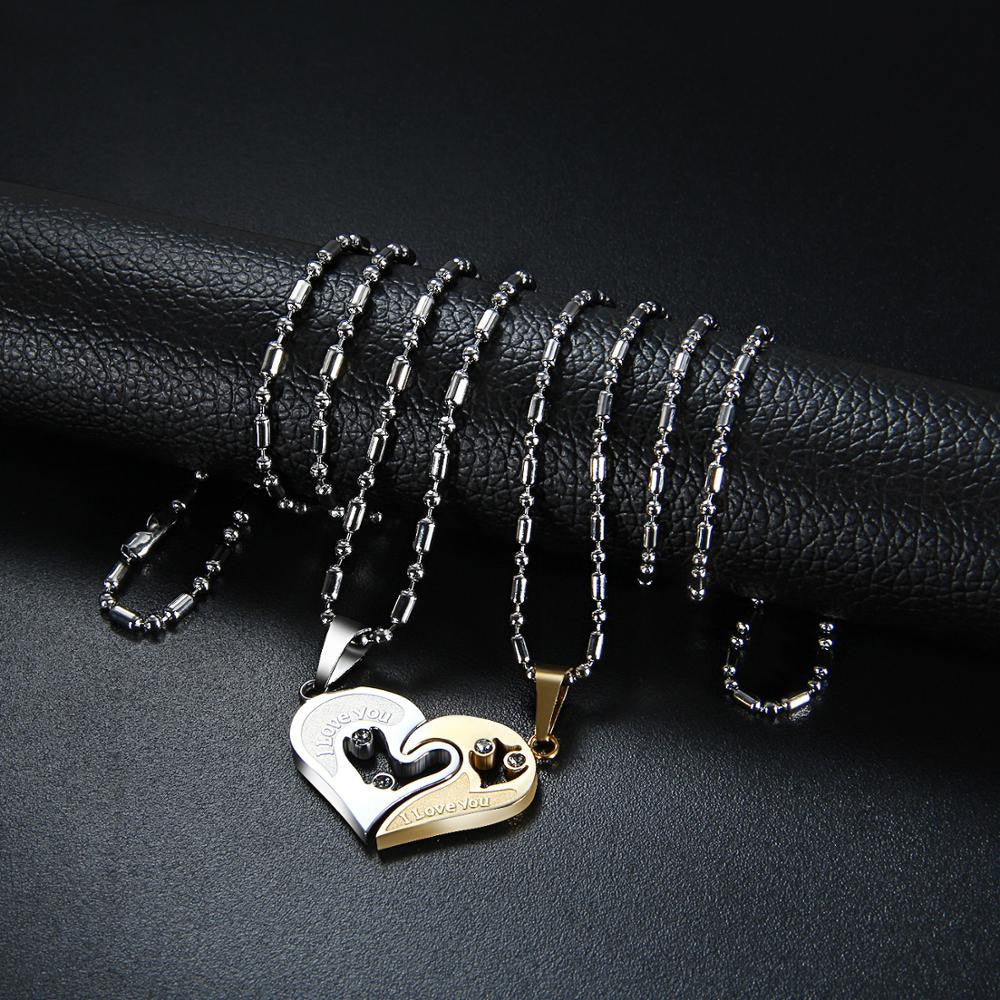 2 Piece Matching Couples Lovers No Tarnish Stainless Steel I Love You Heart Chain Necklace