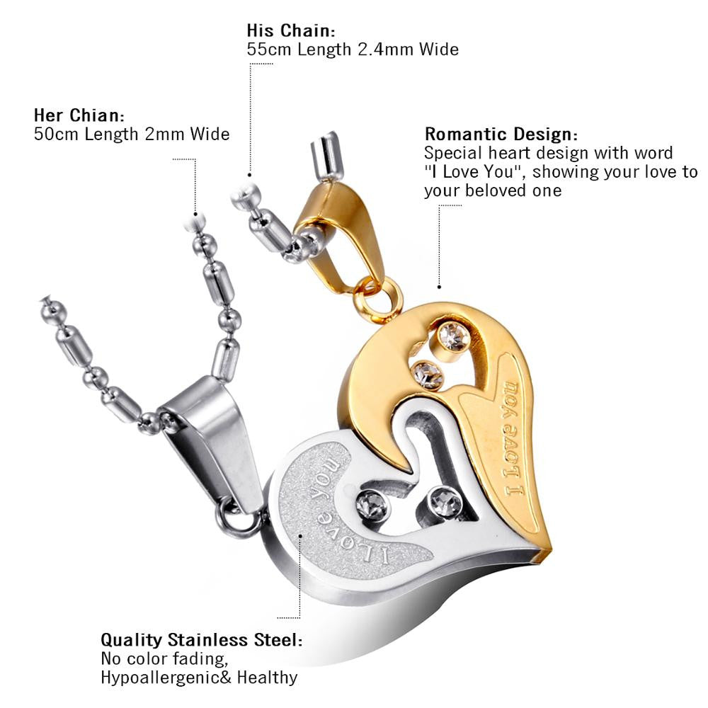 2 Piece Matching Couples Lovers No Tarnish Stainless Steel I Love You Heart Chain Necklace