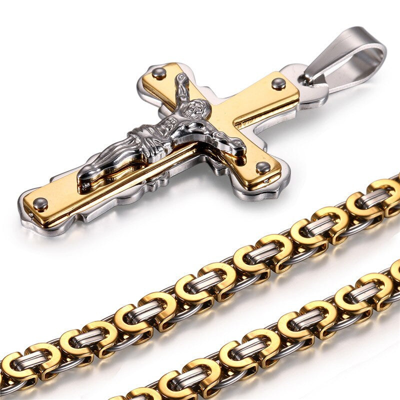 Mens Vintage Jesus Crucifix No Fade Stainless Steel Bling Pendant Chain Necklace