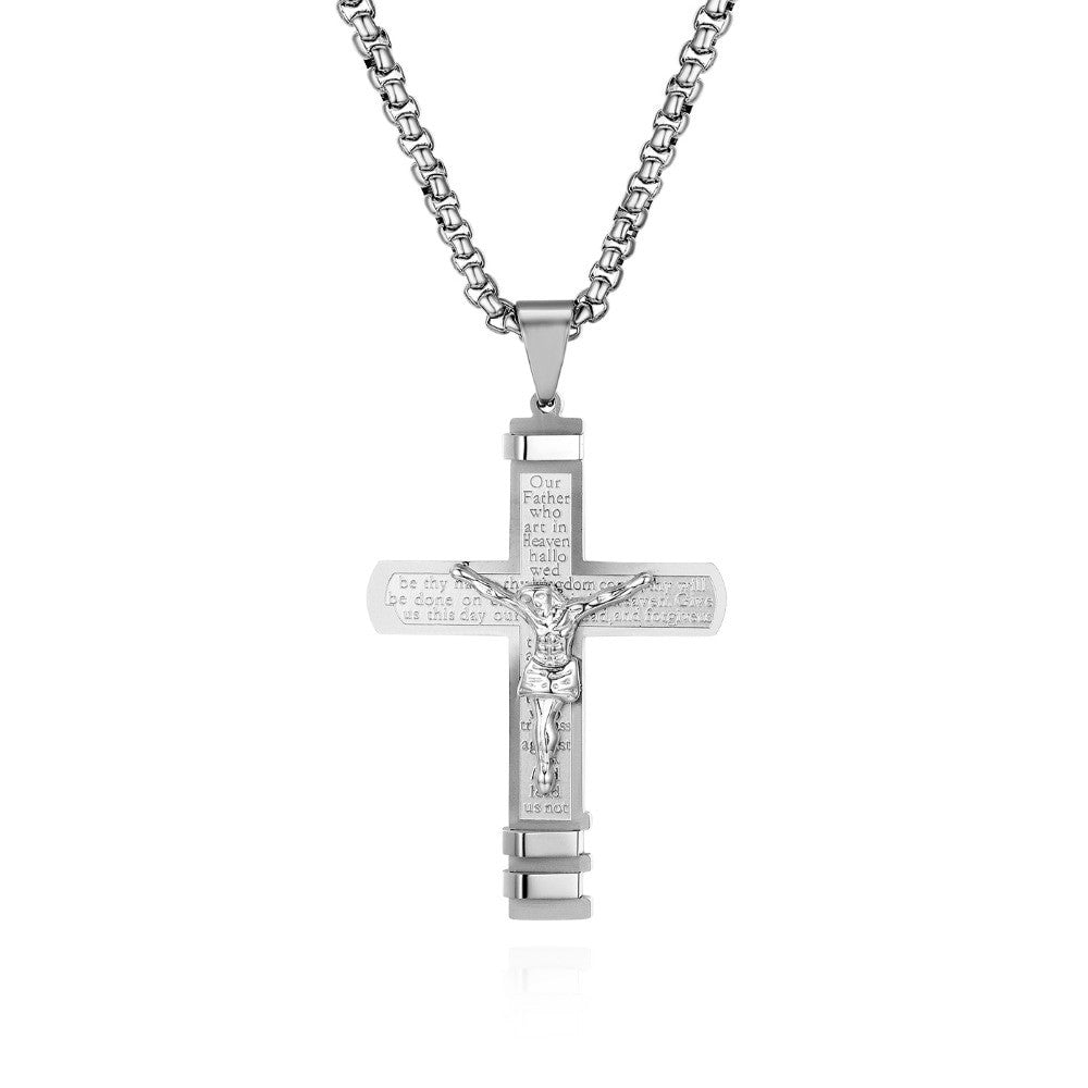 Mens Lords Prayer Layered No Fade Stainless Steel Jesus Crucifix Cross Pendant Chain