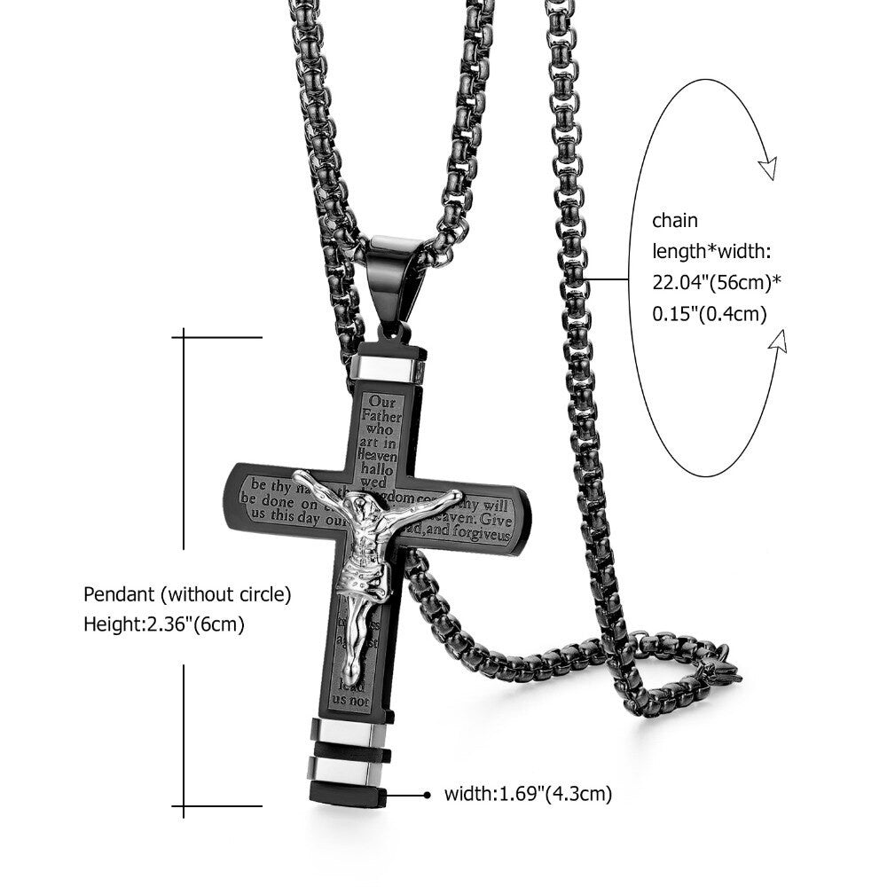 Mens Lords Prayer Layered No Fade Stainless Steel Jesus Crucifix Cross Pendant Chain
