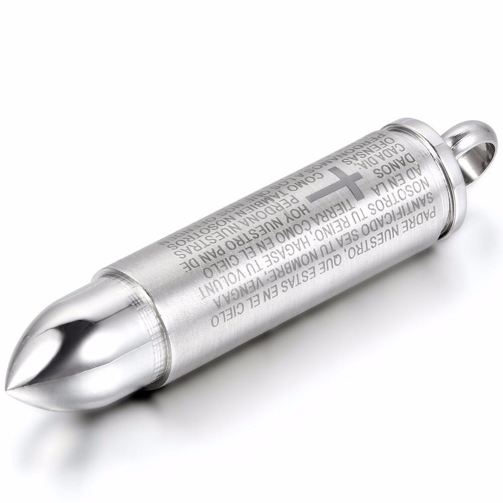 Lords Prayer Stainless Steel No Fade Cross Bullet Pendant Chain Necklace