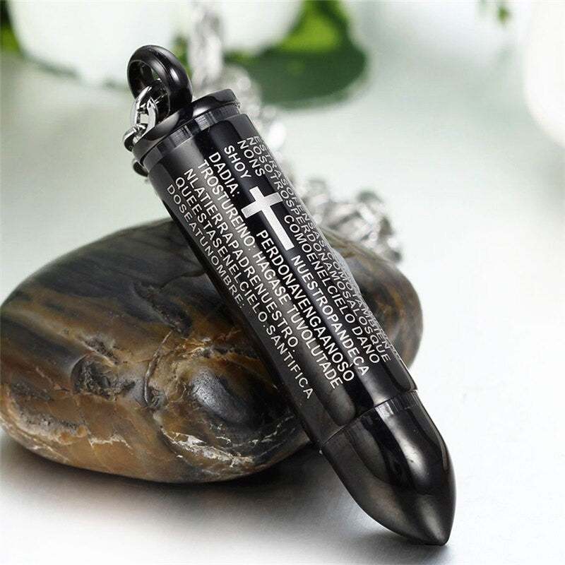 Lords Prayer Stainless Steel No Fade Bullet Pendant Chain Necklace