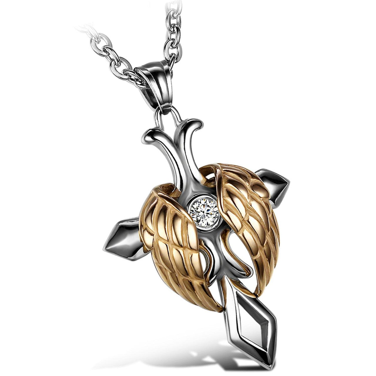 No Tarnish Stainless Steel Vintage Look Classic Angel Wings Cross Pendant Chain Necklace