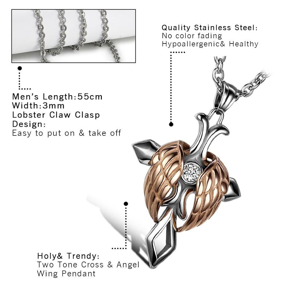 No Tarnish Stainless Steel Vintage Look Classic Angel Wings Cross Pendant Chain Necklace