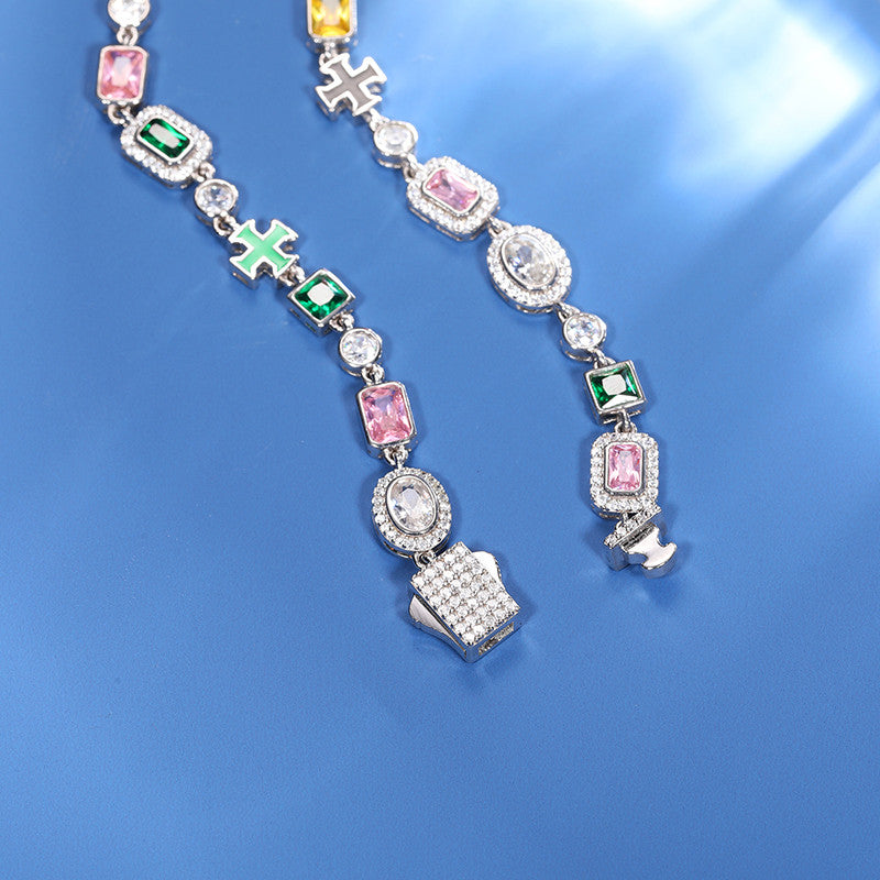 Exquisite Templar Cross Colorful Gemstone Solid 925 Silver Chain Necklace Bracelets