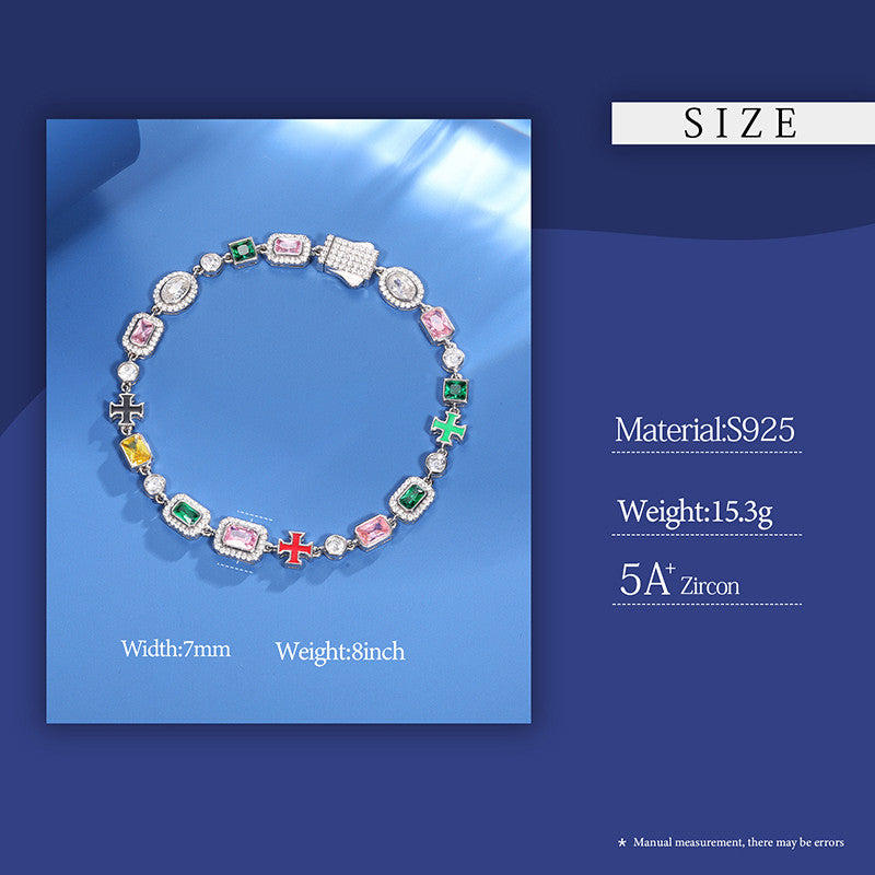 Exquisite Templar Cross Colorful Gemstone Solid 925 Silver Chain Necklace Bracelets