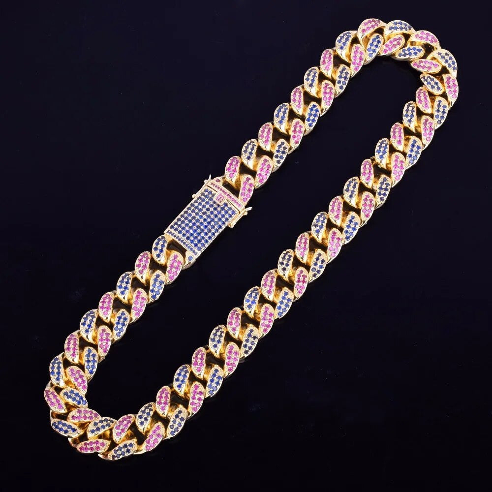 20mm Iced Blnged Out Beautiful Prong Set Colorful Stone Cuban Link Chain Necklace