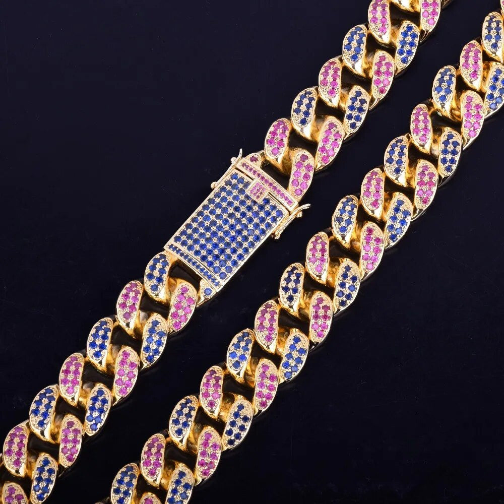 20mm Iced Blnged Out Beautiful Prong Set Colorful Stone Cuban Link