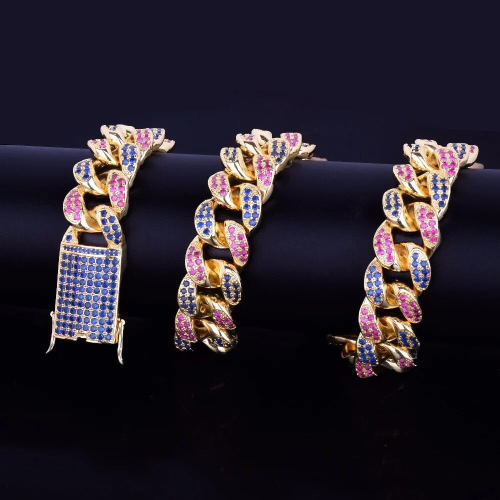 20mm Iced Blnged Out Beautiful Prong Set Colorful Stone Cuban Link Chain Necklace