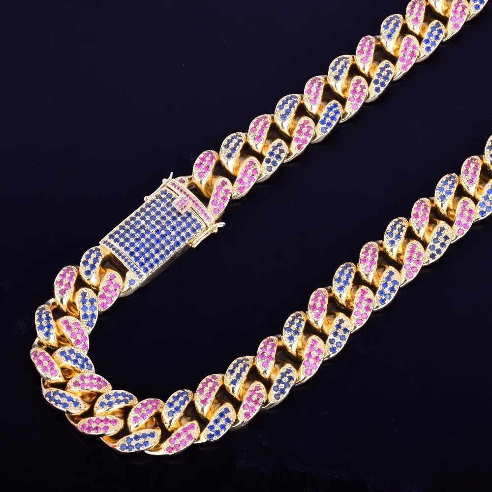 20mm Iced Blnged Out Beautiful Prong Set Colorful Stone Cuban Link Chain Necklace