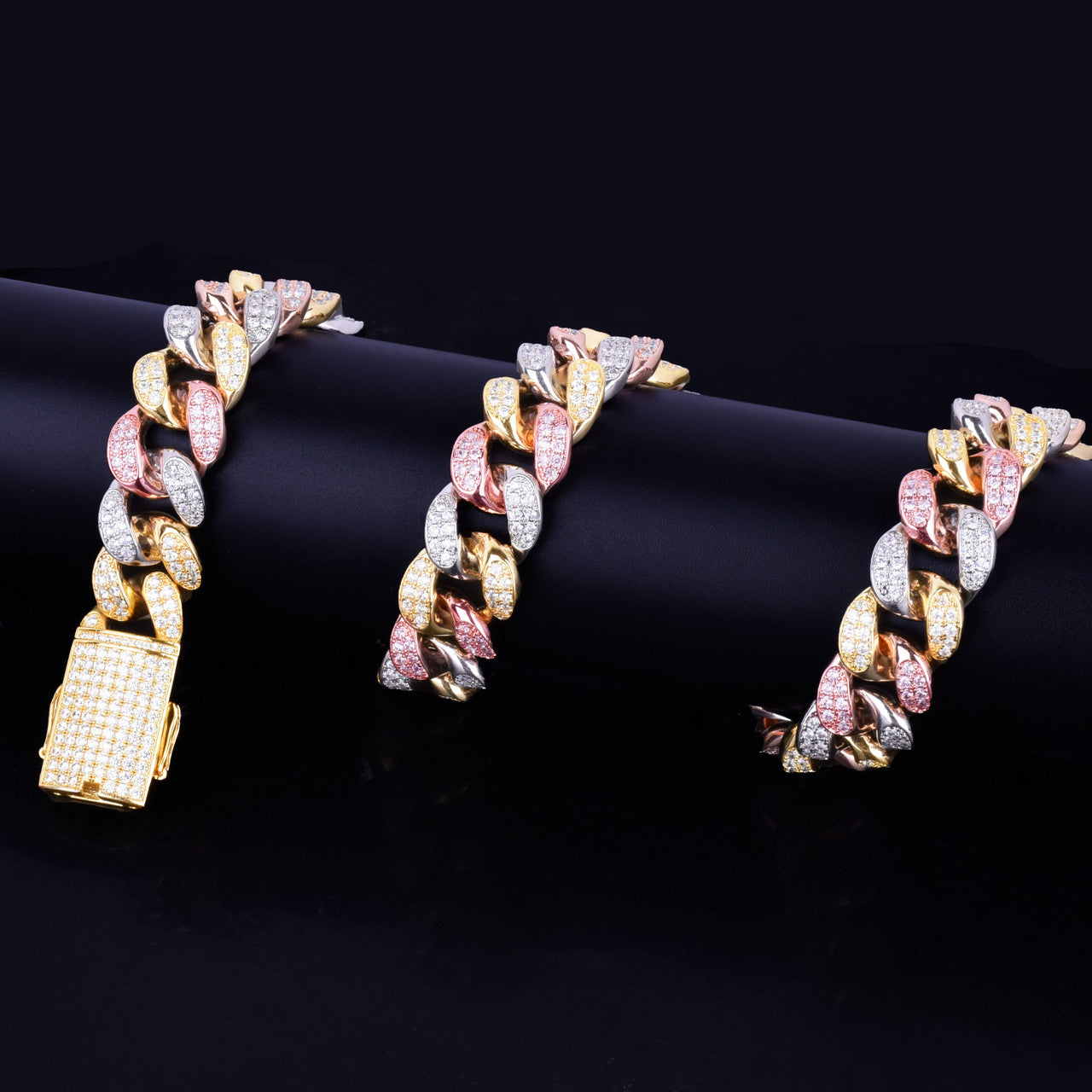 20mm Heavy Tri Color 14k Gold Silver Rose Micro Pave Miami Cuban Link Chain Necklace