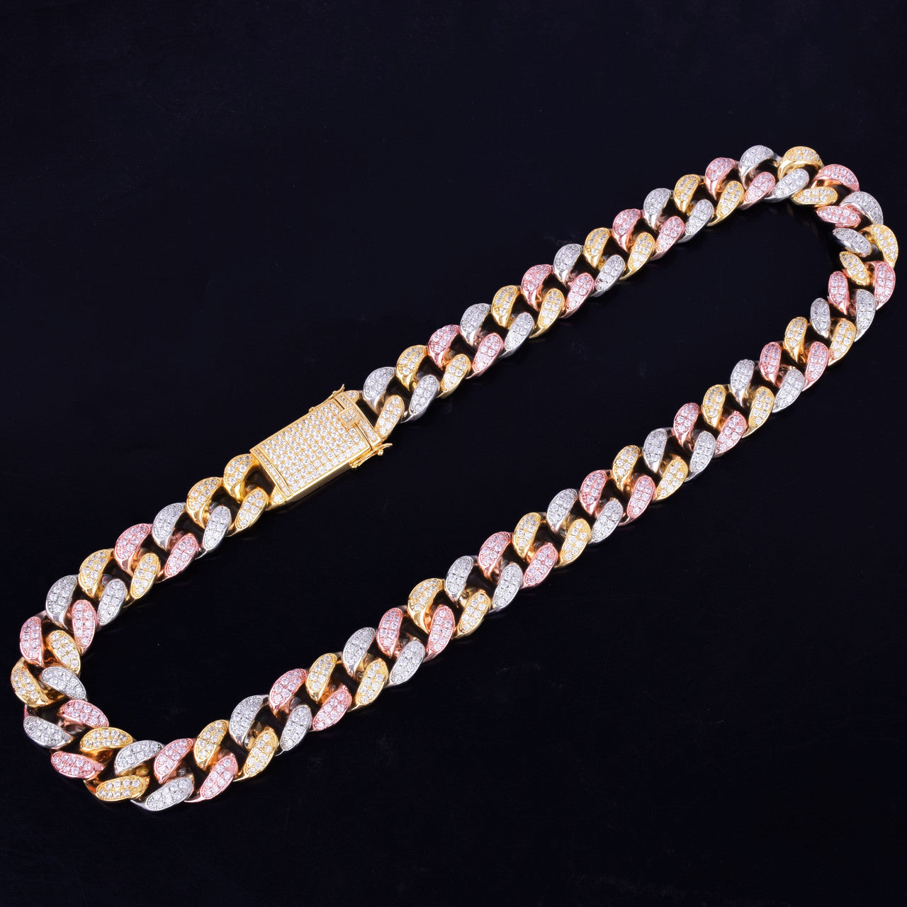 20mm Heavy Tri Color 14k Gold Silver Rose Micro Pave Miami Cuban Link Chain Necklace