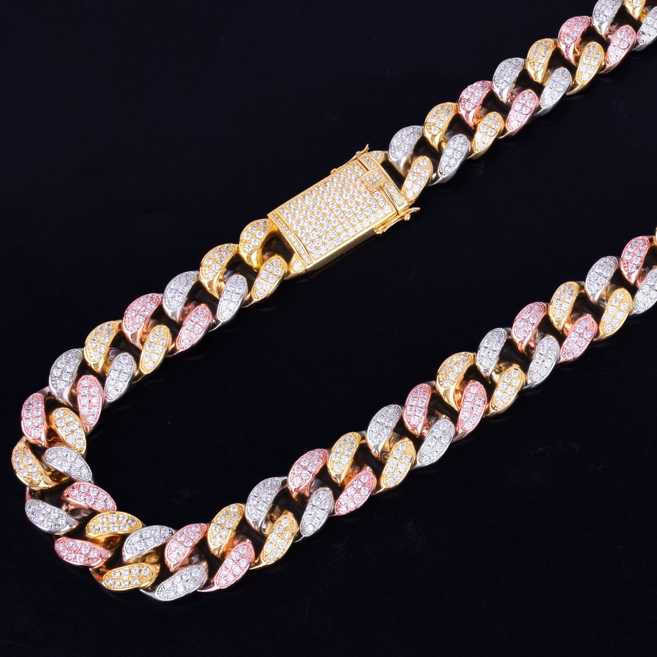 20mm Heavy Tri Color 14k Gold Silver Rose Micro Pave Miami Cuban Link Chain Necklace