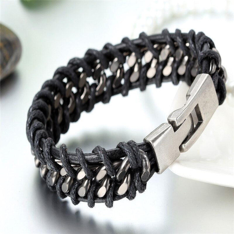 Men's Street Wear Braided Black Leather Hip Hop Casual Bracelet