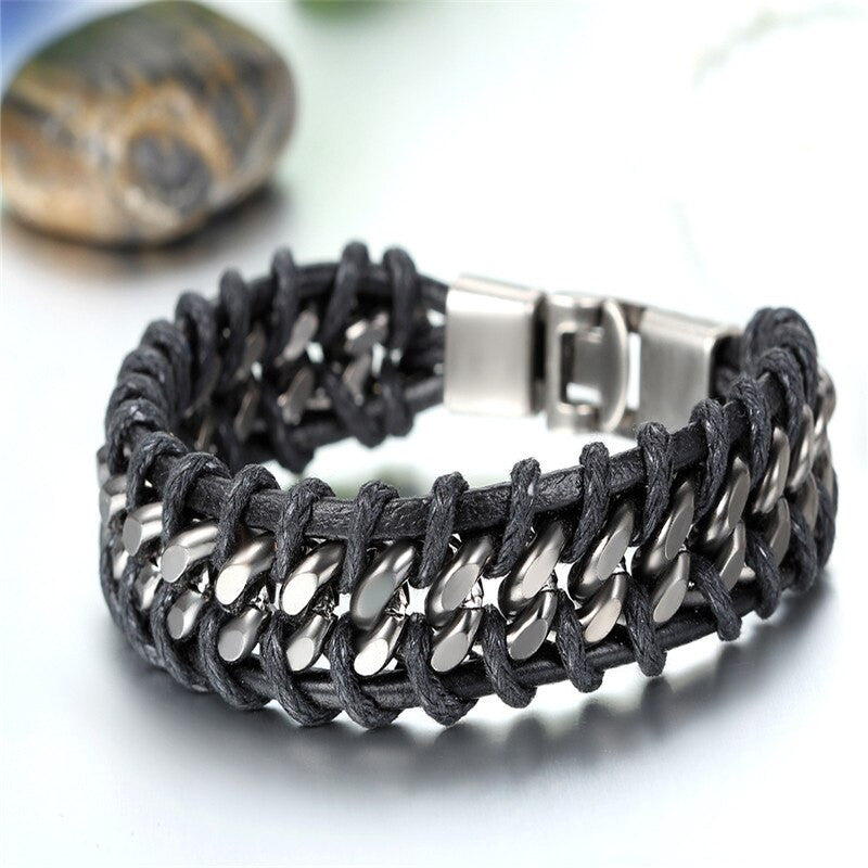 Men&#39;s Street Wear Braided Black Leather Hip Hop Casual Bracelet