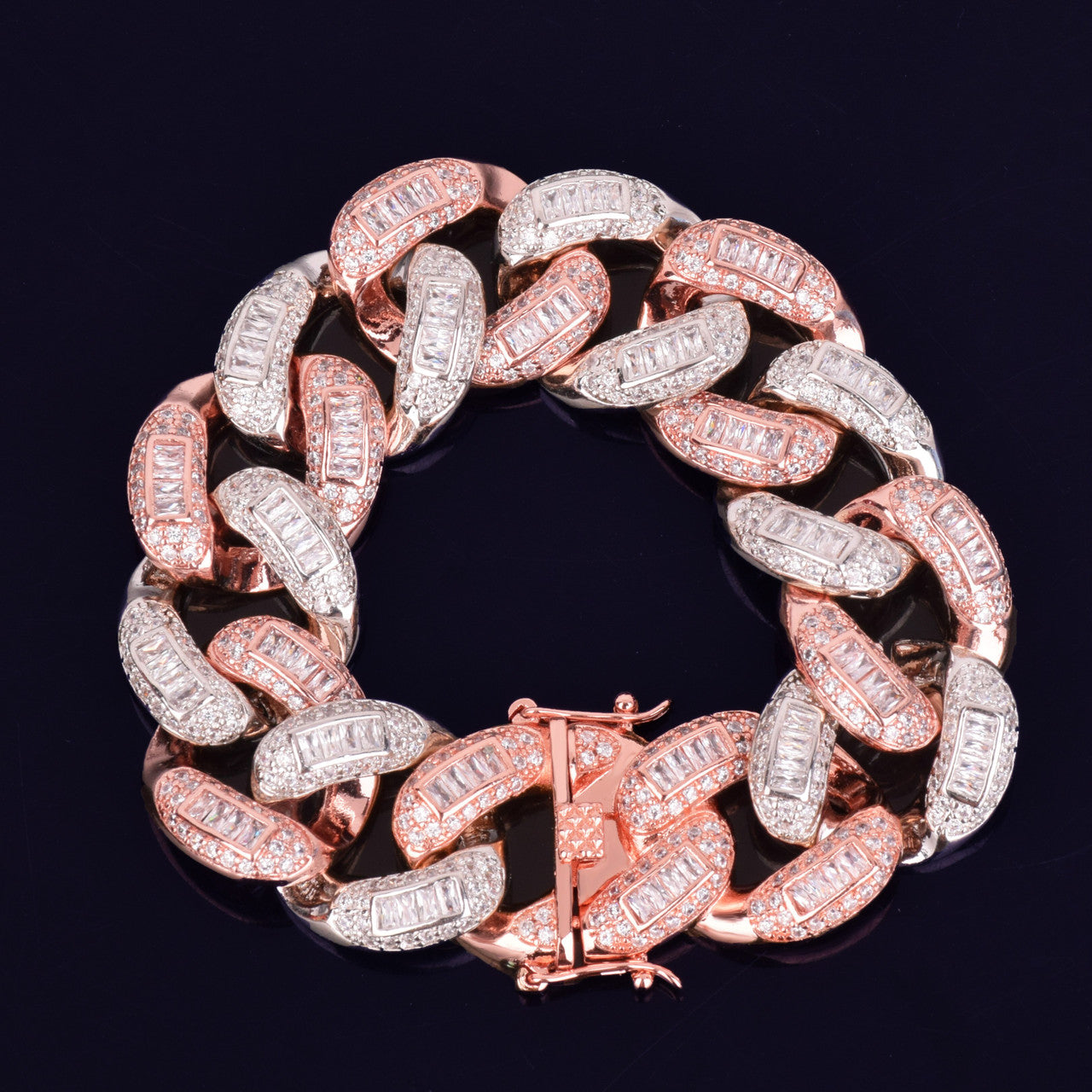 Rose Gold Silver Flooded Ice Big Boy Colorful Baguette AAA Stone Miami Cuban Link Bracelet