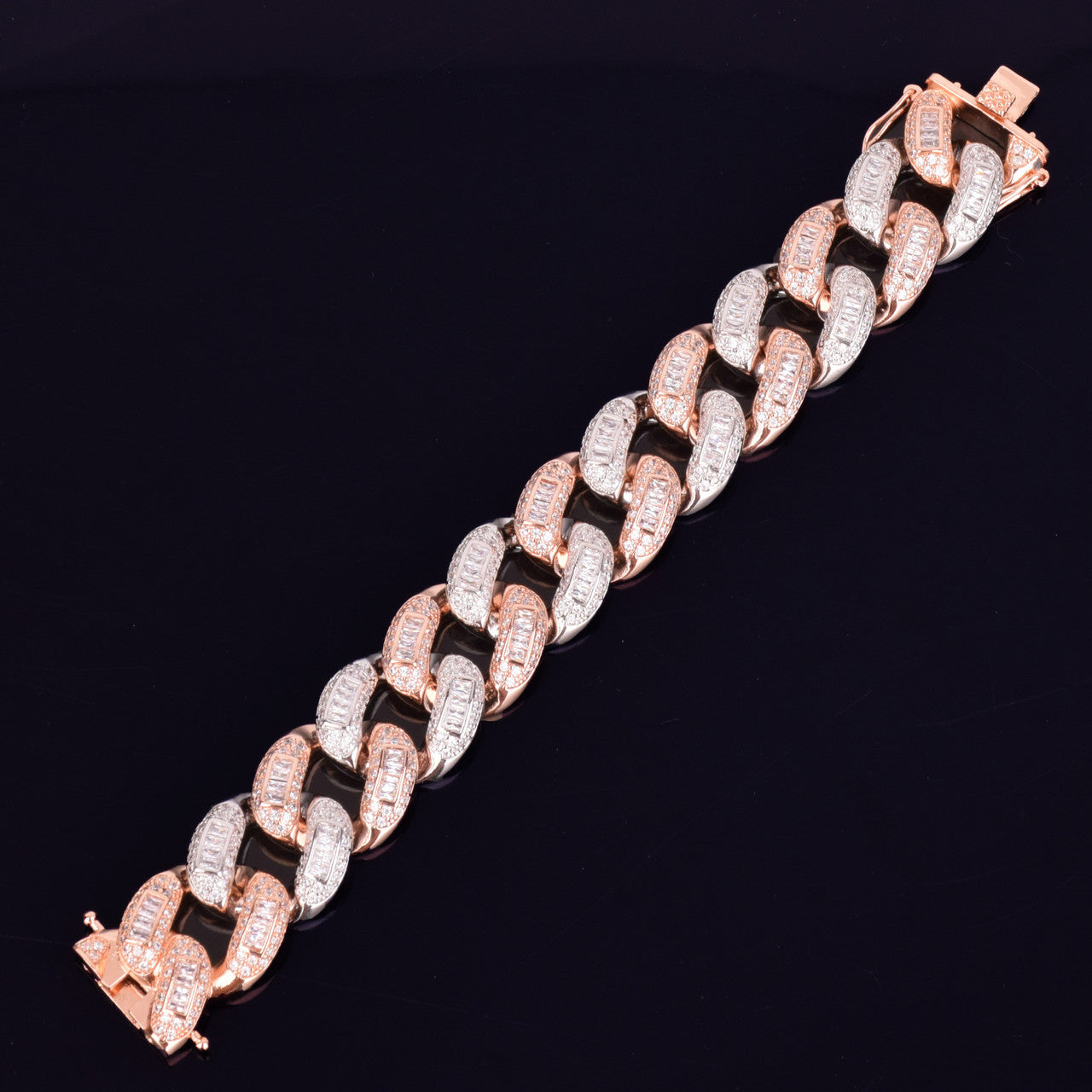 Rose Gold Silver Flooded Ice Big Boy Colorful Baguette AAA Stone Miami Cuban Link Bracelet
