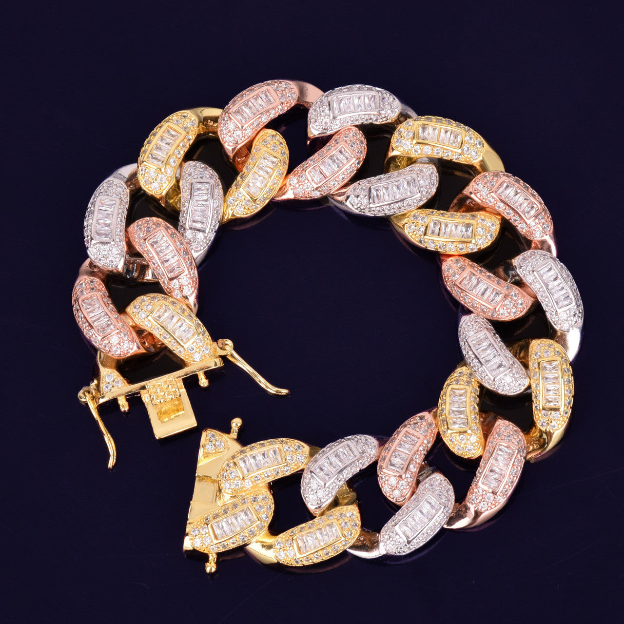 24k Gold Rose Gold Silver Flooded Ice 22mm Colorful Baguette AAA Stone Miami Cuban Link Bracelet