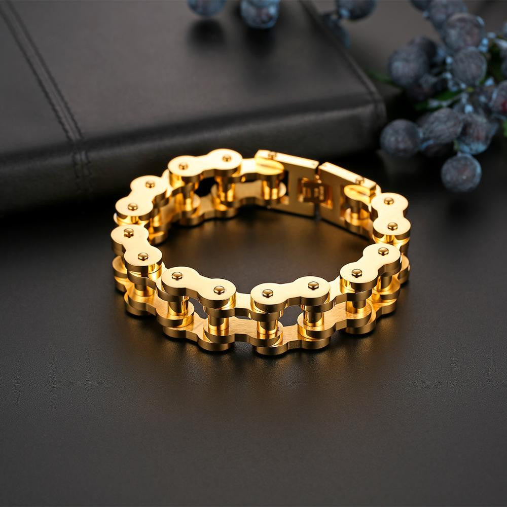 Mens 18mm 14k Gold Black Silver Heavy Wide Stainless Steel Biker Bicycle Motorcycle Chain Bracelet