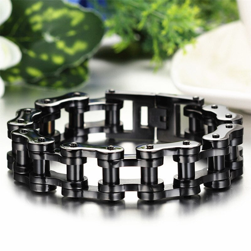 Mens 18mm 14k Gold Black Silver Heavy Wide Stainless Steel Biker Bicycle Motorcycle Chain Bracelet