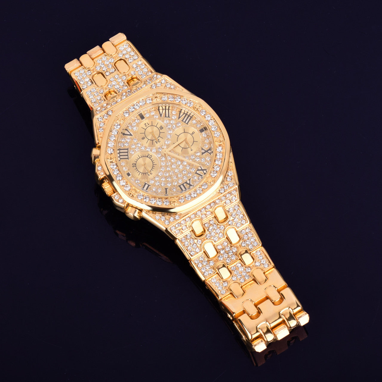 Men's Flooded Ice 14k Gold Studded Stone Bezel Big Face Stainless Steel Wrist Watch
