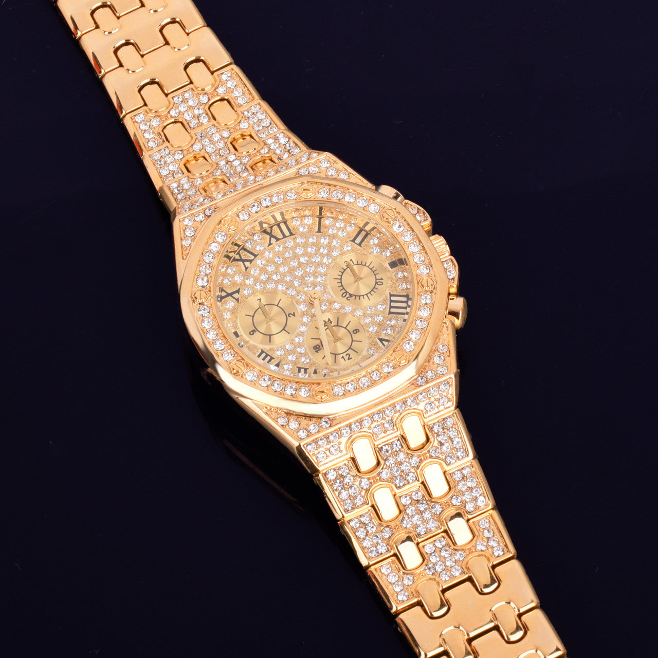 Men's Flooded Ice 14k Gold Studded Stone Bezel Big Face Stainless Steel Wrist Watch