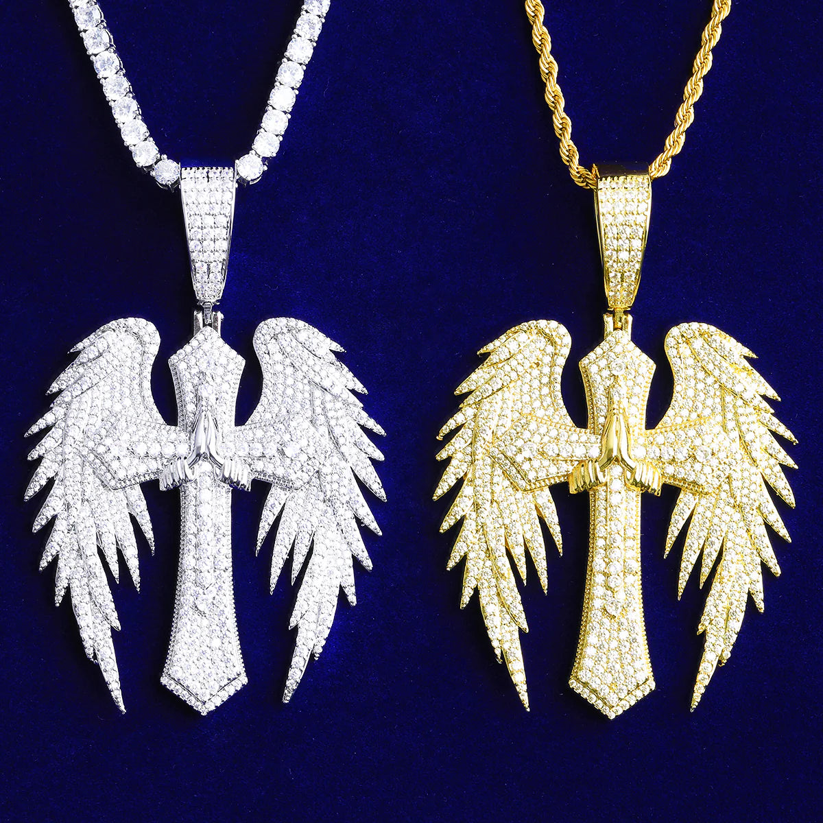 Prayers Answered | Winged Cross Prayer hands VVS Diamond CZ Hip Hop Pendant