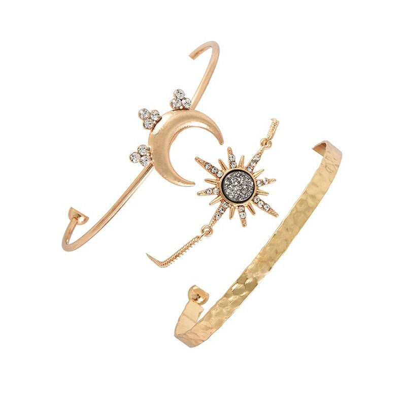 Bohemian Gold Retro Stars Moon Crystal 3 Piece Bracelets Jewelry Set
