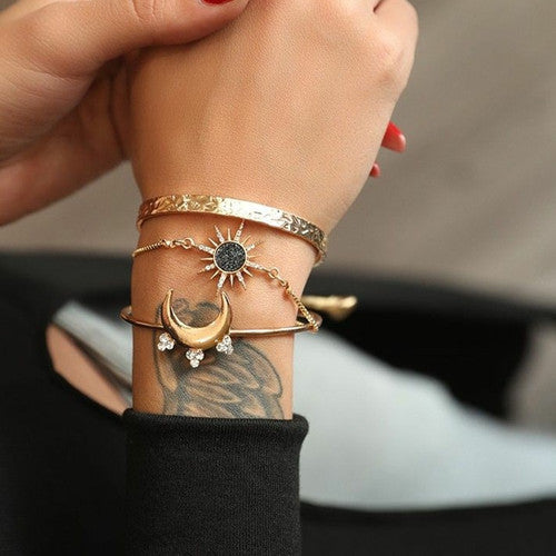 Bohemian Gold Retro Stars Moon Crystal 3 Piece Bracelets Jewelry Set