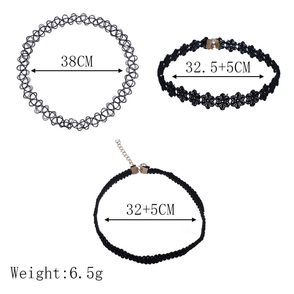 Womens 3 Piece Black Personality Party Girl Lace Chocker Chain Necklaces