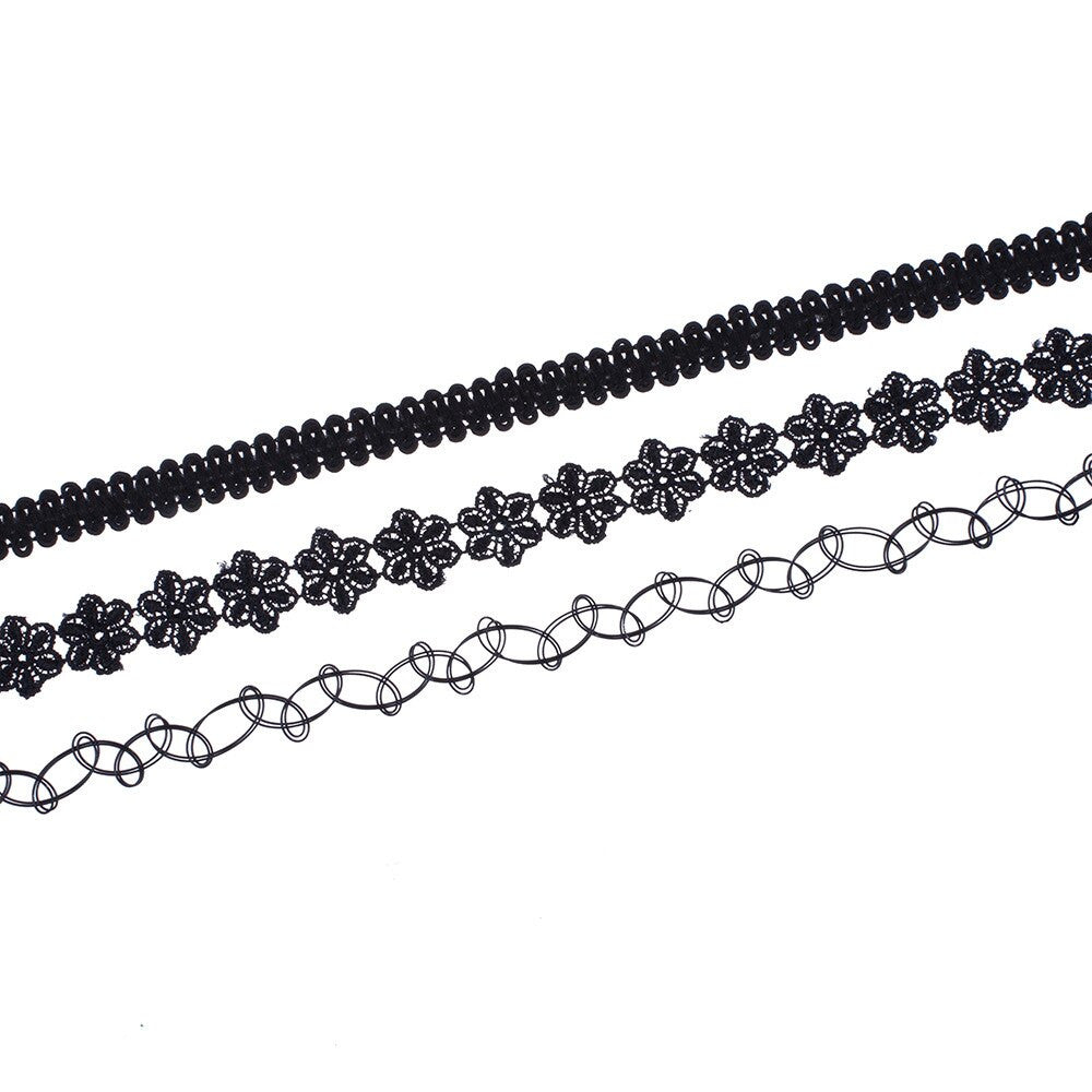 Womens 3 Piece Black Personality Party Girl Lace Chocker Chain Necklaces