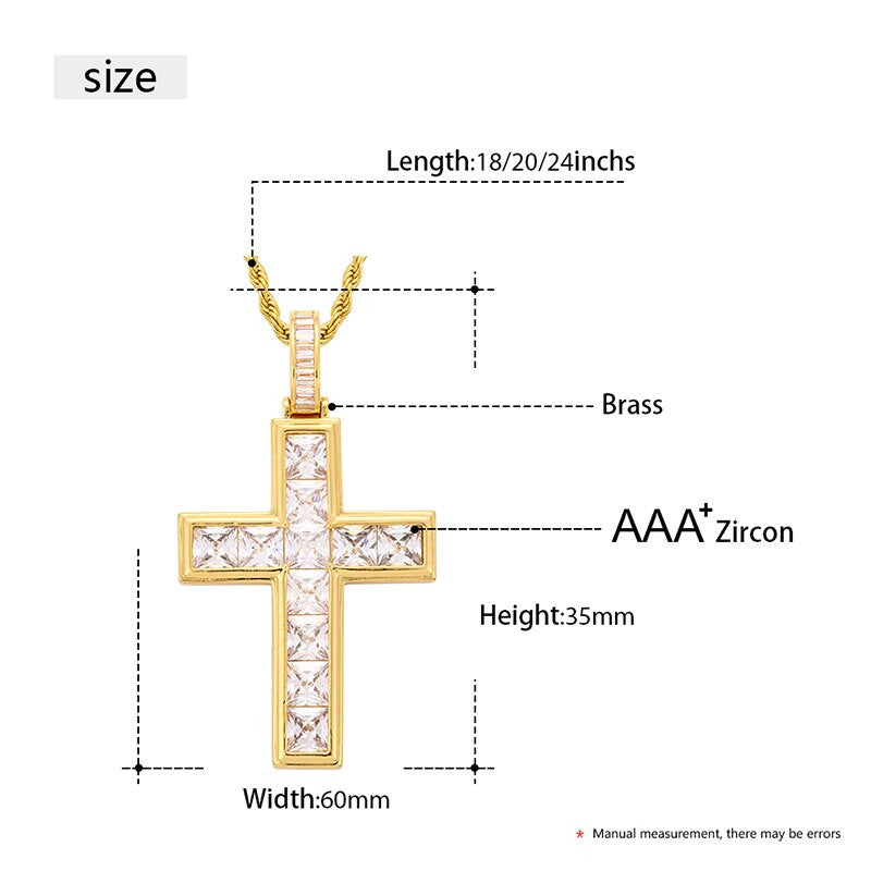 Mens Deep Set Princess Cut Stone Spiritual Cross Pendant Chain Necklace