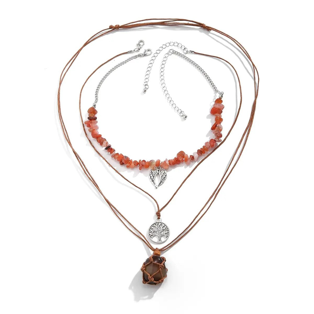 Ladies 3 Piece Bohemian Irregular Stone  Angel Wings Tree Of Life Necklace