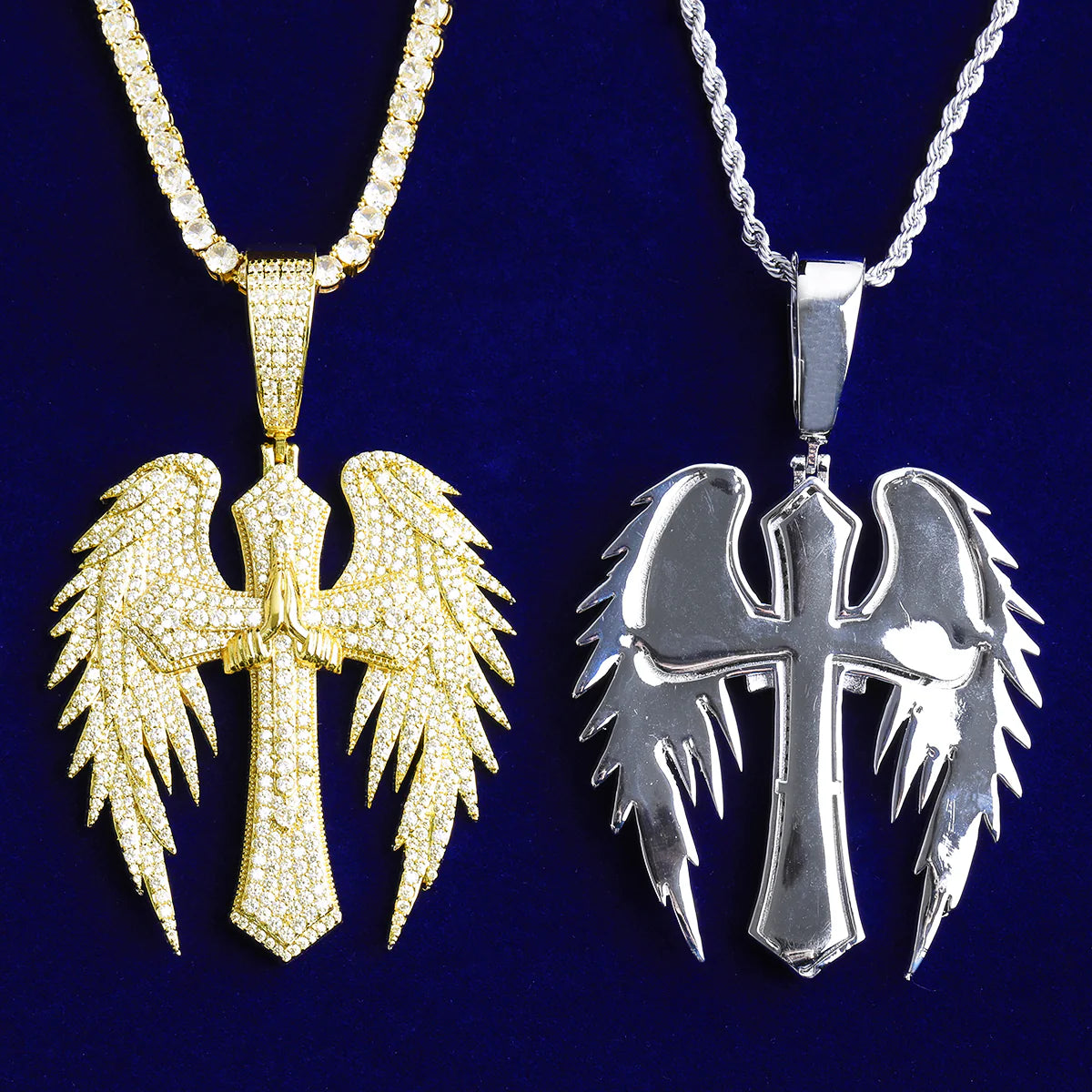 Prayers Answered | Winged Cross Prayer hands VVS Diamond CZ Hip Hop Pendant